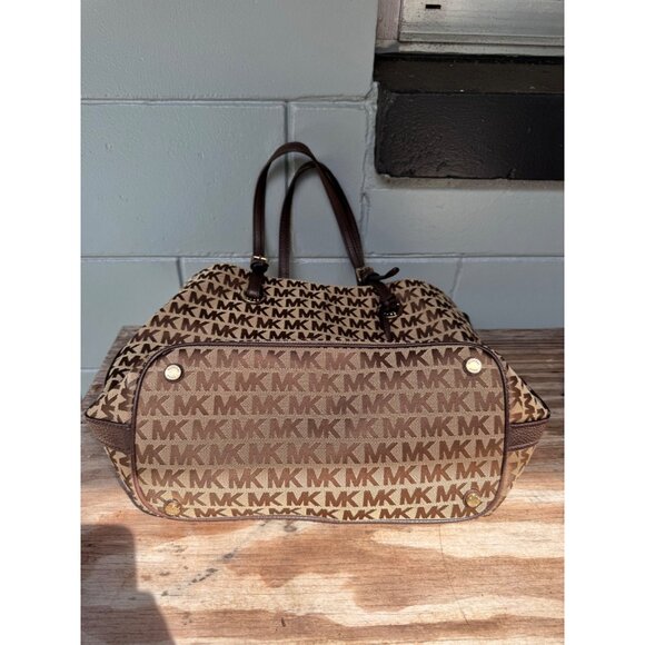 Michael Kors Jet Set Signature Logo Large Brown Tote Bag Gold Hardware Leather - Picture 7 of 13